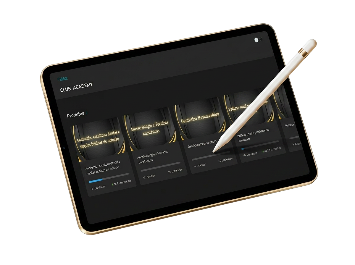 Tablet exibindo a plataforma Academy Lite com os cursos de odontologia